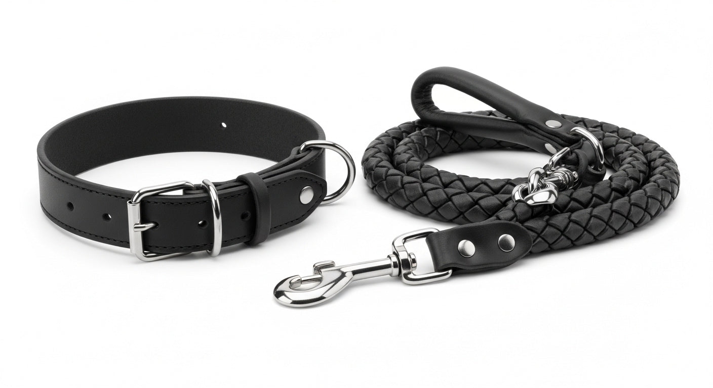 Genuine Leather Dog Collar & Leash Set – Braided Heavy Duty Lead