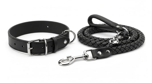 Genuine Leather Dog Collar & Leash Set – Braided Heavy Duty Lead