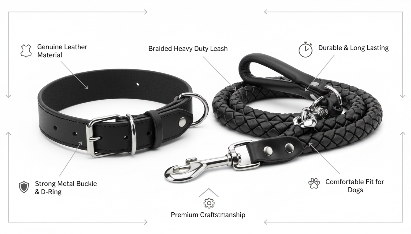 Genuine Leather Dog Collar & Leash Set – Braided Heavy Duty Lead