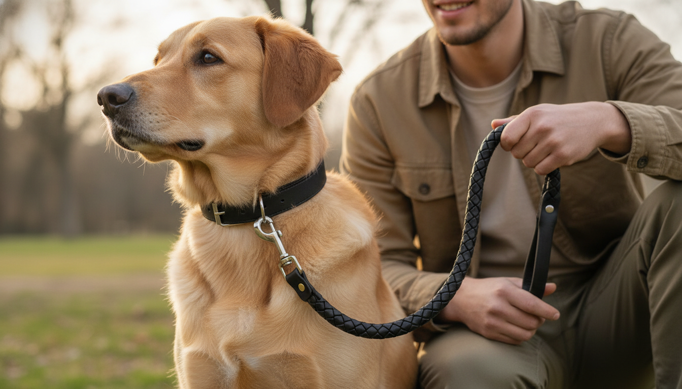 Genuine Leather Dog Collar & Leash Set – Braided Heavy Duty Lead